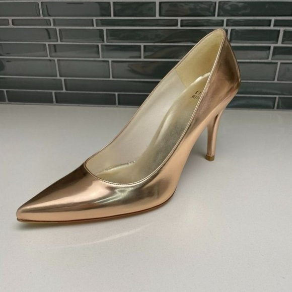 Stuart Weitzman Shoes - STUART WEITZMAN Patent Leather "Stuart 100" Metallic Rose Gold Point Toe Pumps